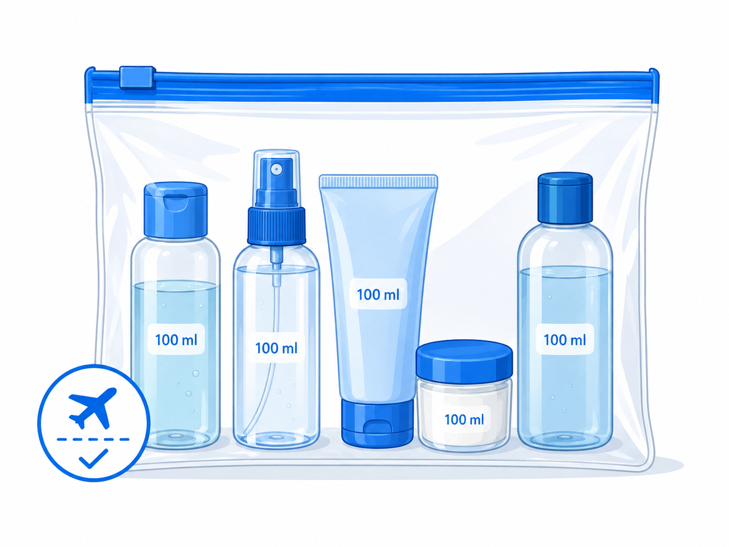 Exemplo de recipientes de até 100 ml acondicionados em embalagem plástica transparente de até 1 litro